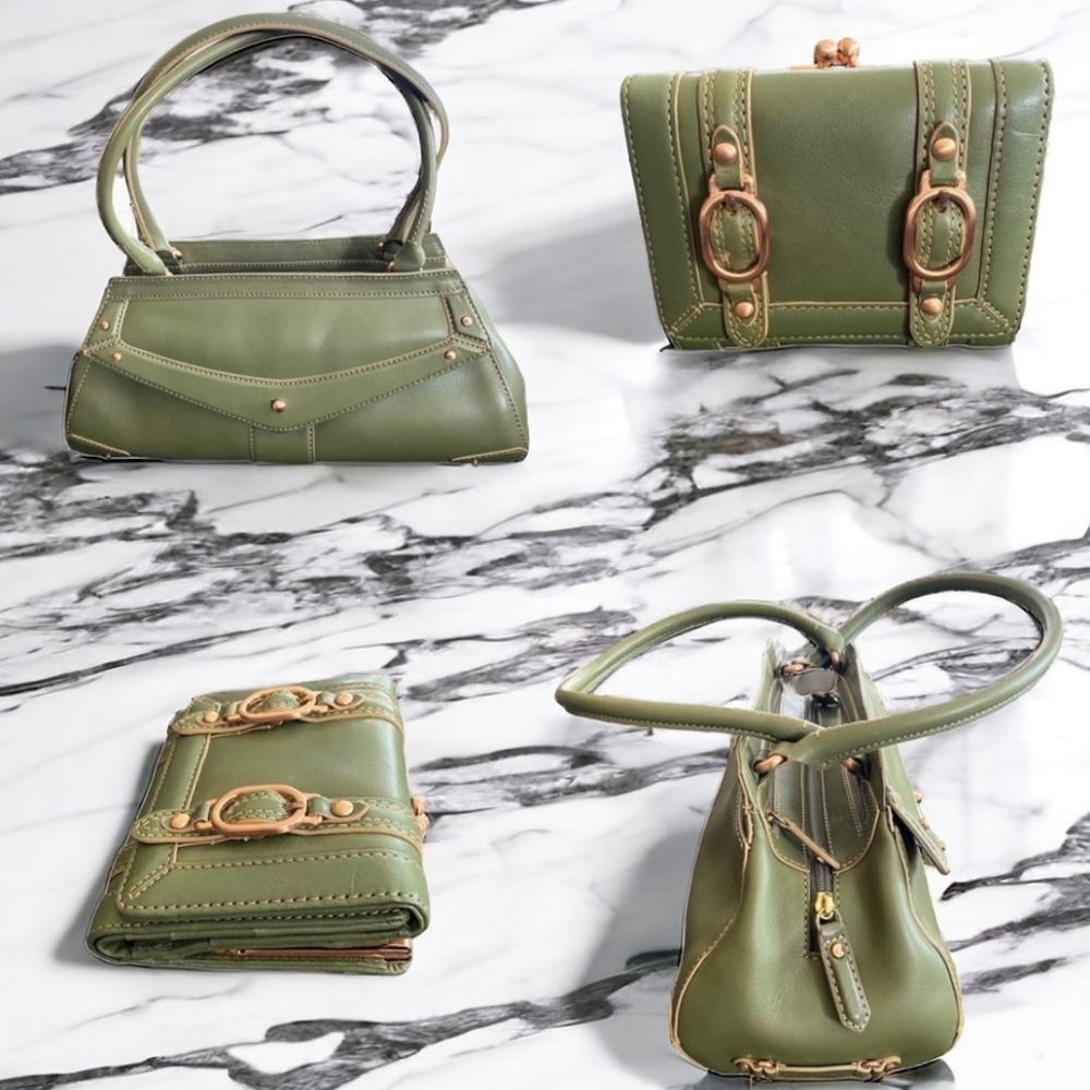 Cole Haan Green Leather Gold Hardware Handbag + Wallet